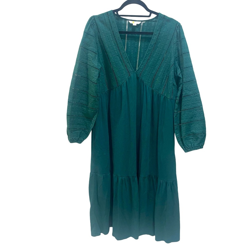 Boden Women's Green Eyelet Puff Sleeve Midi Pull Over Tiered Dress